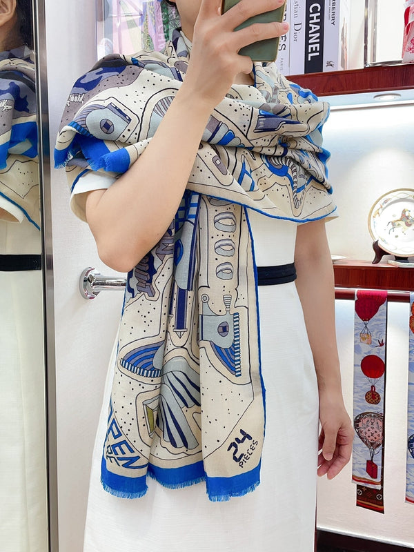 Cosmic Horse Set rectangle Scarf 180 CM In Blue Colorful Cashmere And Silk 308063