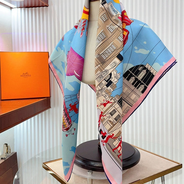 Parade Scarf 90 CM In Light Blue Colorful Silk Twill 310305