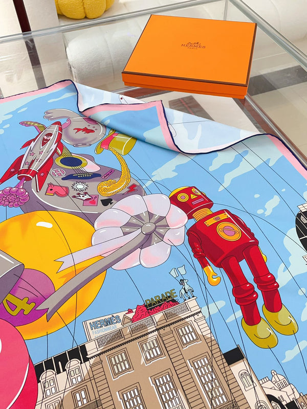 Parade Scarf 90 CM In Light Blue Colorful Silk Twill 310305