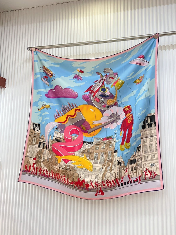 Parade Scarf 90 CM In Light Blue Colorful Silk Twill 310305