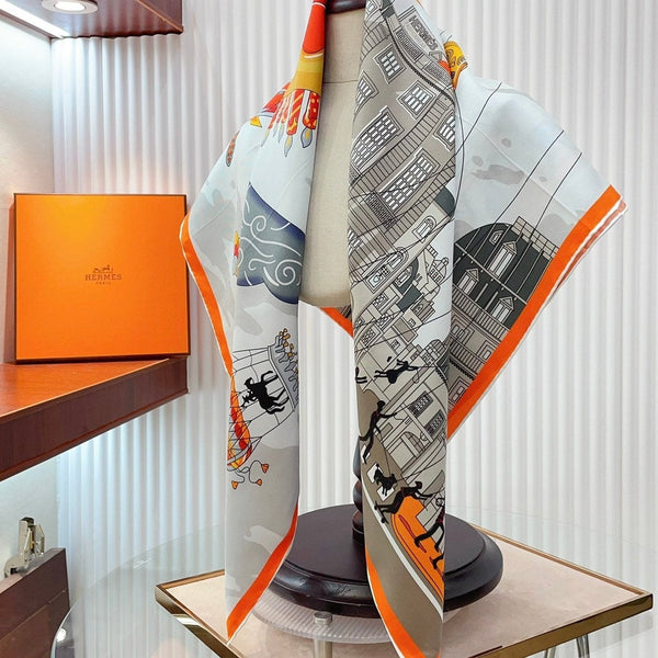 Parade Scarf 90 CM In White Grey Colorful Silk Twill 310306