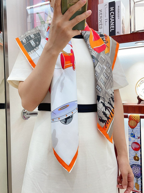 Parade Scarf 90 CM In White Grey Colorful Silk Twill 310306