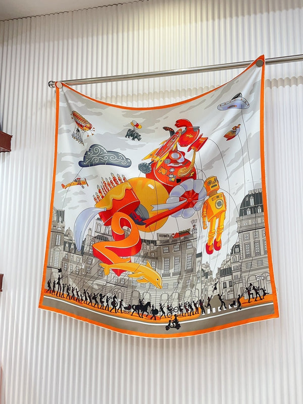 Parade Scarf 90 CM In White Grey Colorful Silk Twill 310306