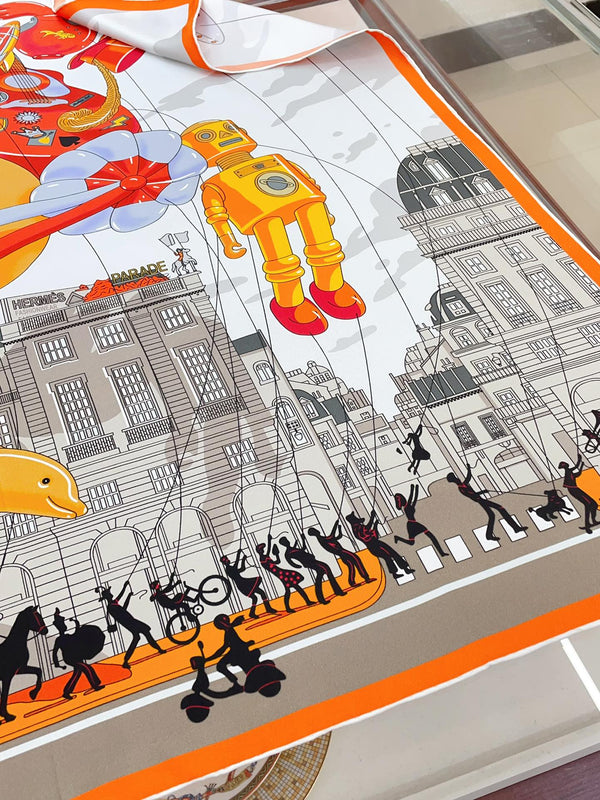 Parade Scarf 90 CM In White Grey Colorful Silk Twill 310306