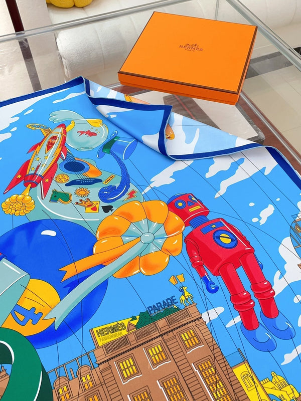 Parade Scarf 90 CM In Blue Colorful Silk Twill 310307