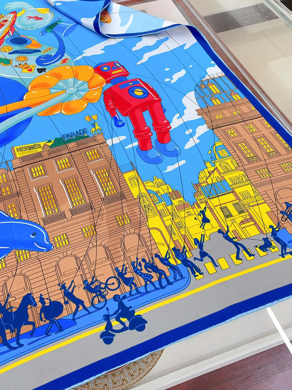 Parade Scarf 90 CM In Blue Colorful Silk Twill 310307