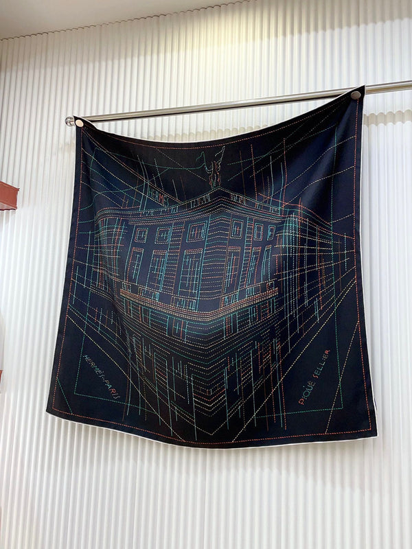 Pique Sellier Shawl 90 CM In Black Colorful Silk Twill 312868