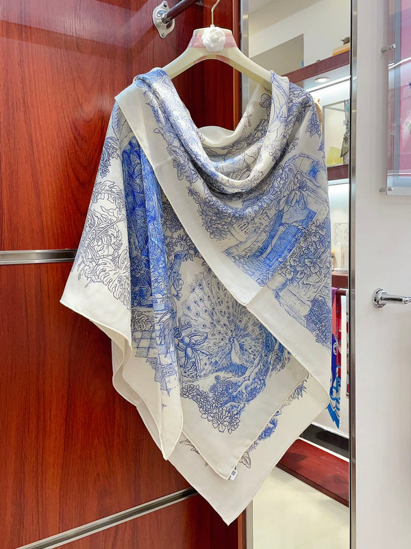 Le Jardin De Leila Au Bloc Shawl 135 CM In Blue Cashmere And Silk 316262