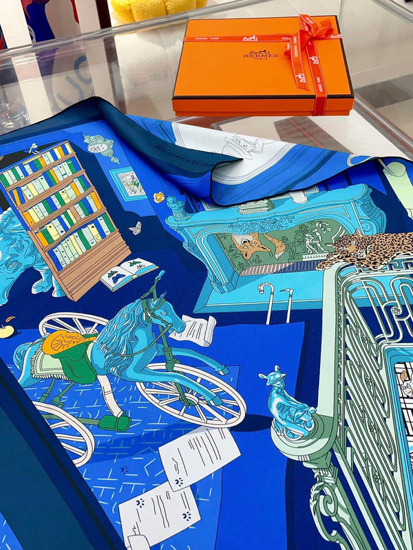 Mystere Au 24 Scarf 90 CM In Dark Blue Colorful Silk Twill 321935