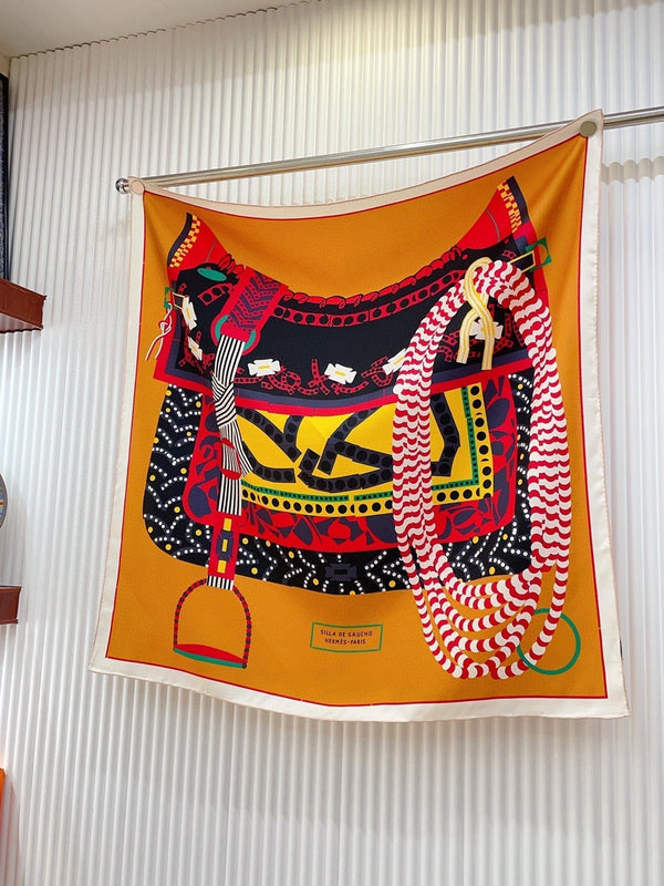Silla De Gaucho Scarf 90 CM In Yellow Orange Colorful Silk Twill 320652