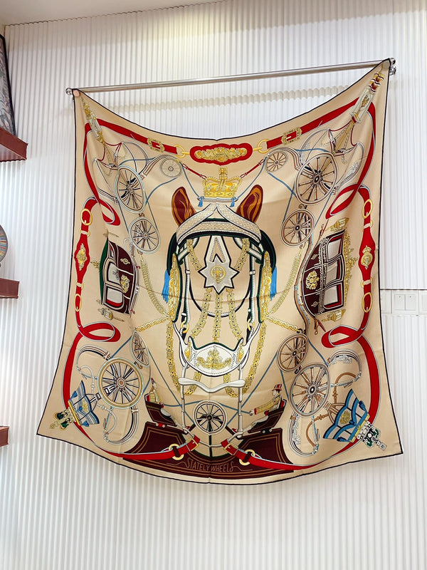 Stately Wheels Scarf 135 CM In Beige Colorful Cashmere And Silk 327468