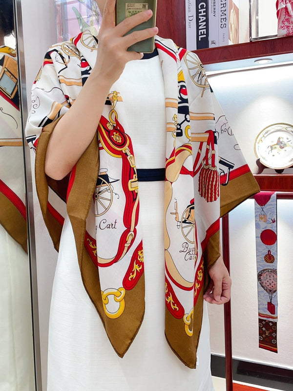 Palonniers Scarf 135 CM In Brown Colorful Cashmere And Silk 327474