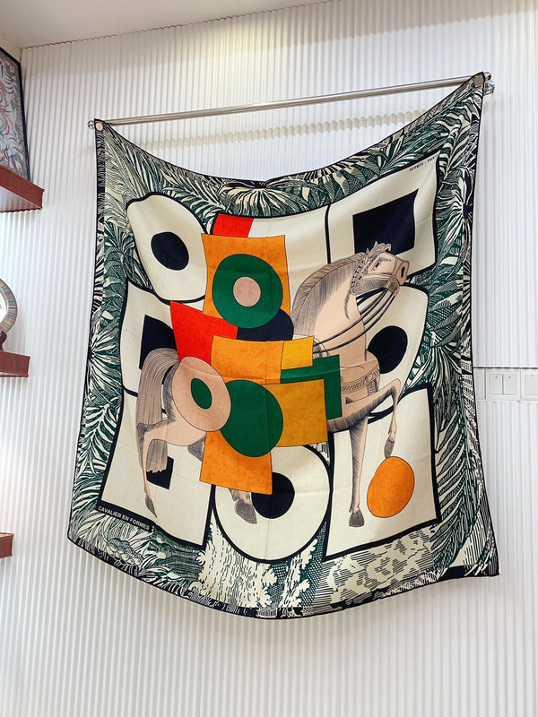 Cavalier en Formes shawl 140 CM In Duck Neck Blue Colorful Cashmere And Silk 331713