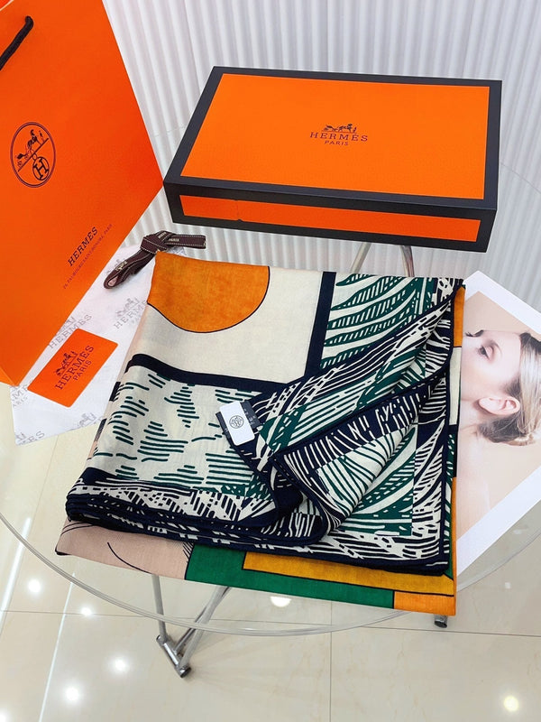 Cavalier en Formes shawl 140 CM In Duck Neck Blue Colorful Cashmere And Silk 331713