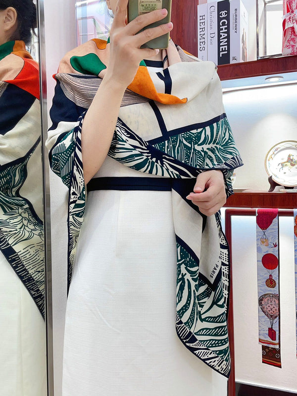 Cavalier en Formes shawl 140 CM In Duck Neck Blue Colorful Cashmere And Silk 331713