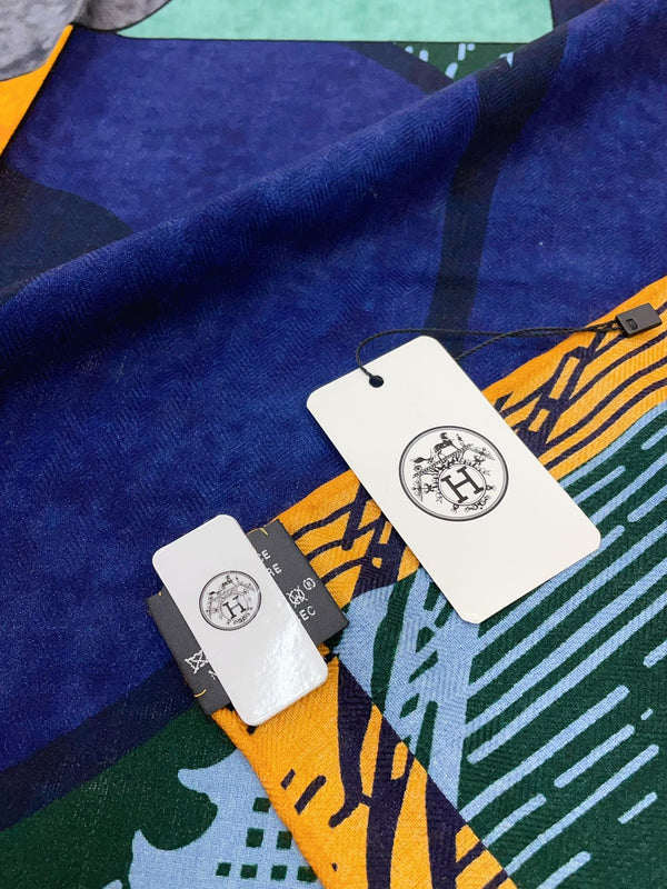 Cavalier en Formes shawl 140 CM In Dark Blue Colorful Cashmere And Silk 331715