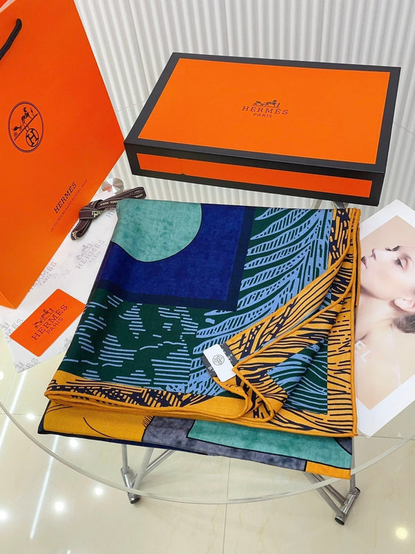 Cavalier en Formes shawl 140 CM In Dark Blue Colorful Cashmere And Silk 331715