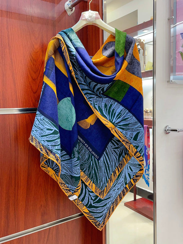 Cavalier en Formes shawl 140 CM In Dark Blue Colorful Cashmere And Silk 331715