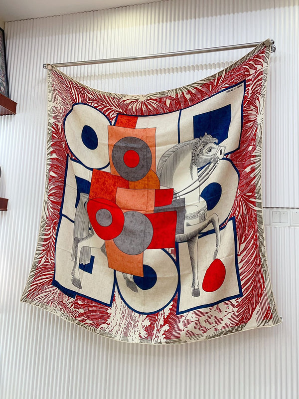 Cavalier en Formes shawl 140 CM In Red Colorful Cashmere And Silk 331717