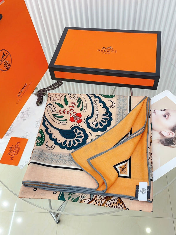 Guepards Bandana Double Face Scarf 140 CM In Beige Mix Orange Colorful Cashmere And Silk 334189