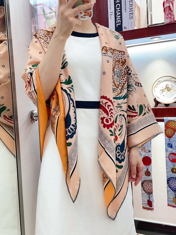 Guepards Bandana Double Face Scarf 140 CM In Beige Mix Orange Colorful Cashmere And Silk 334189