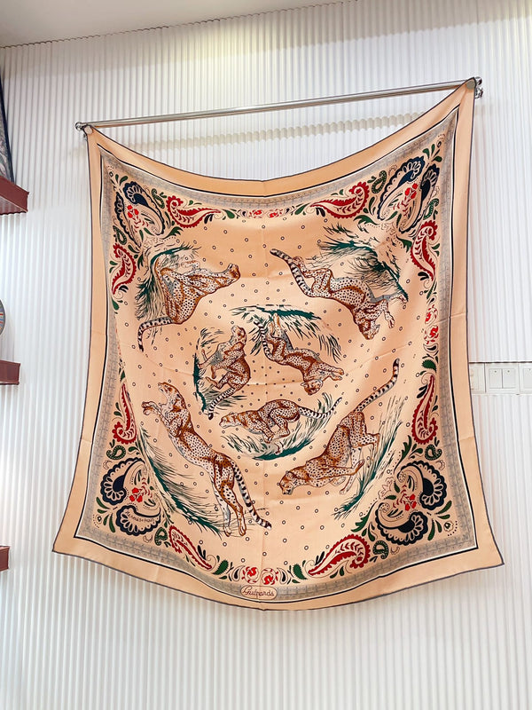 Guepards Bandana Double Face Scarf 140 CM In Beige Mix Orange Colorful Cashmere And Silk 334189