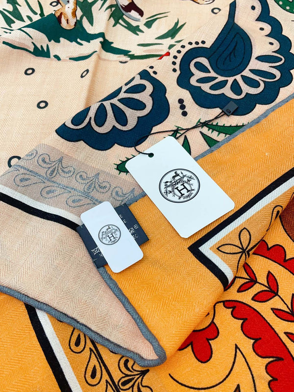 Guepards Bandana Double Face Scarf 140 CM In Beige Mix Orange Colorful Cashmere And Silk 334189