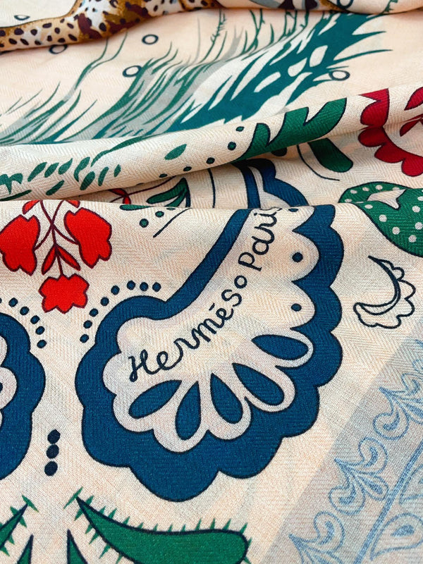 Guepards Bandana Double Face Scarf 140 CM In Beige Mix Orange Colorful Cashmere And Silk 334189