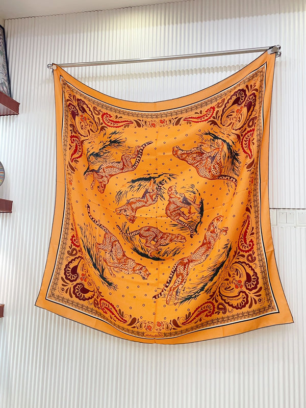 Guepards Bandana Double Face Scarf 140 CM In Beige Mix Orange Colorful Cashmere And Silk 334189