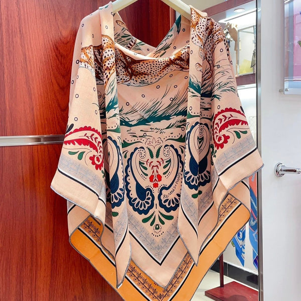 Guepards Bandana Double Face Scarf 140 CM In Beige Mix Orange Colorful Cashmere And Silk 334189