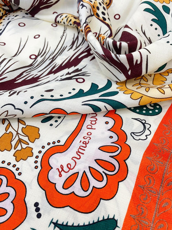 Guepards Bandana Double Face Scarf 140 CM In White Mix Red Colorful Cashmere And Silk 334190