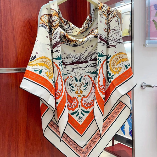 Guepards Bandana Double Face Scarf 140 CM In White Mix Red Colorful Cashmere And Silk 334190