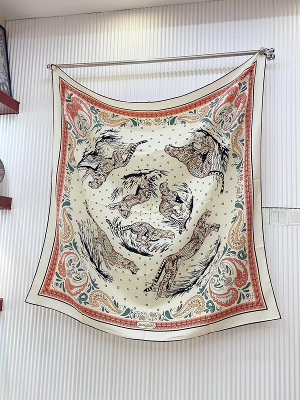 Guepards Bandana Double Face Scarf 140 CM In White Mix Red Colorful Cashmere And Silk 334190