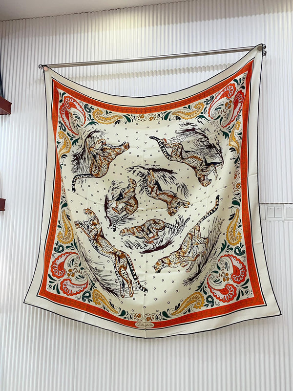 Guepards Bandana Double Face Scarf 140 CM In White Mix Red Colorful Cashmere And Silk 334190