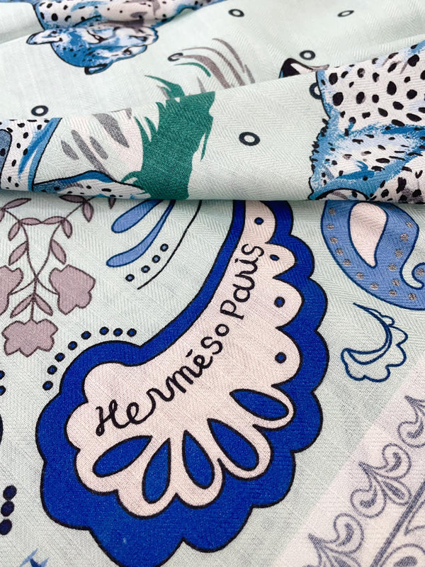 Guepards Bandana Double Face Scarf 140 CM In Light Turquoise Colorful Cashmere And Silk 334191