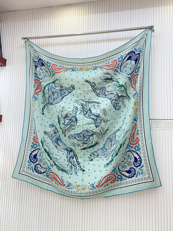 Guepards Bandana Double Face Scarf 140 CM In Light Turquoise Colorful Cashmere And Silk 334191