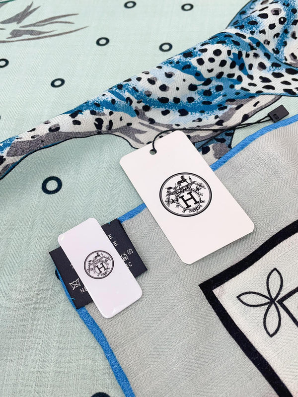 Guepards Bandana Double Face Scarf 140 CM In Light Turquoise Colorful Cashmere And Silk 334191