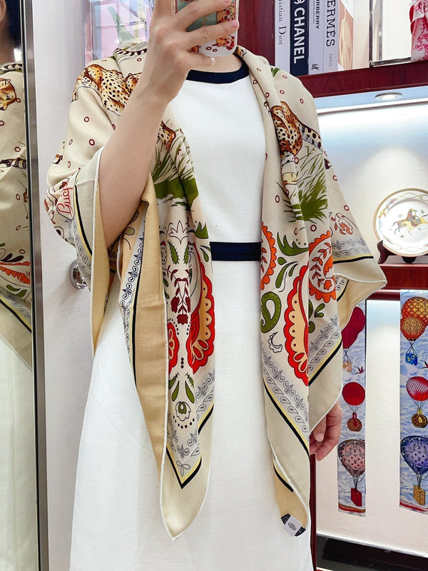 Guepards Bandana Double Face Scarf 140 CM In White Mix Beige Colorful Cashmere And Silk 334192