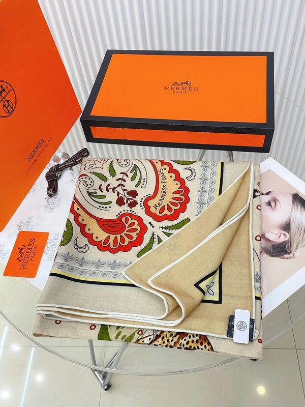 Guepards Bandana Double Face Scarf 140 CM In White Mix Beige Colorful Cashmere And Silk 334192