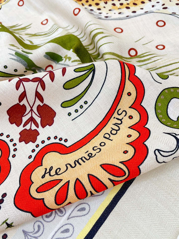 Guepards Bandana Double Face Scarf 140 CM In White Mix Beige Colorful Cashmere And Silk 334192