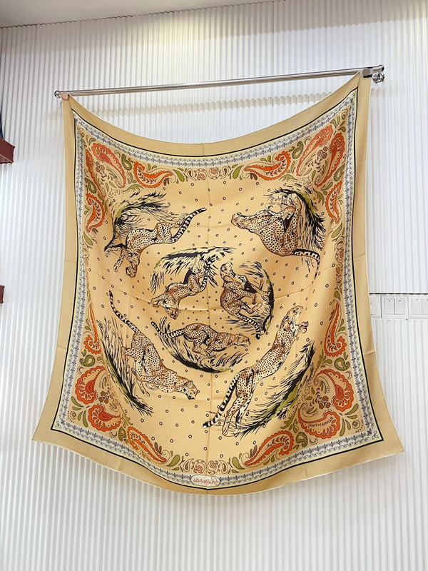 Guepards Bandana Double Face Scarf 140 CM In White Mix Beige Colorful Cashmere And Silk 334192