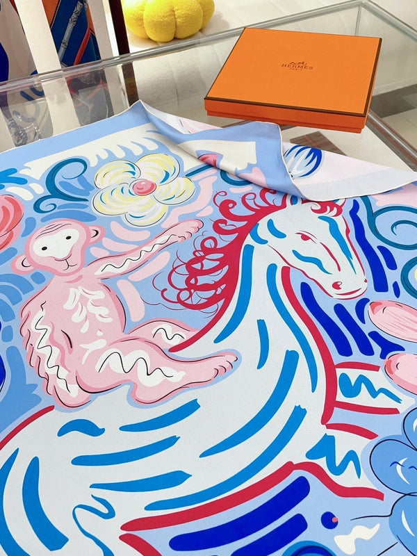 Le Cheval De Kazumi Scarf 90 CM Blue Colorful Silk Twill 347387