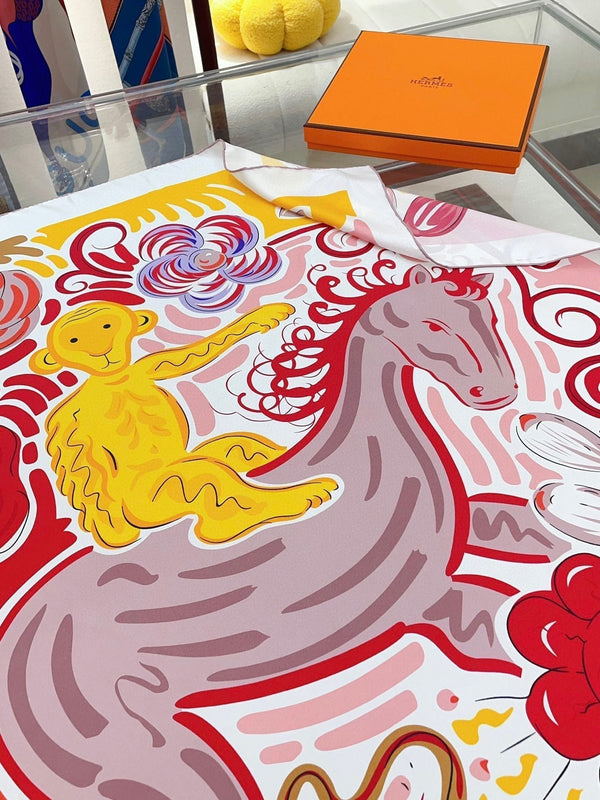 Le Cheval De Kazumi Scarf 90 CM Red Colorful Silk Twill 347388