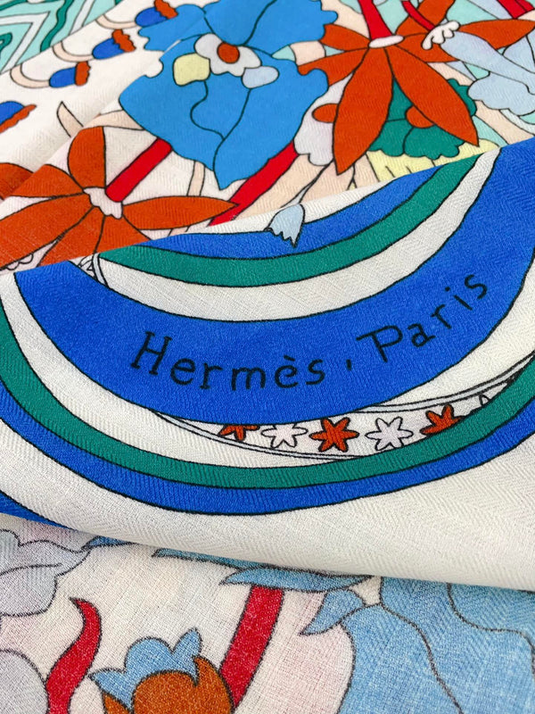 La Danse Du Printemps Scarf 140 In Light Blue Colorful Cashmere And Silk 344364