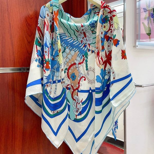 La Danse Du Printemps Scarf 140 In Light Blue Colorful Cashmere And Silk 344364