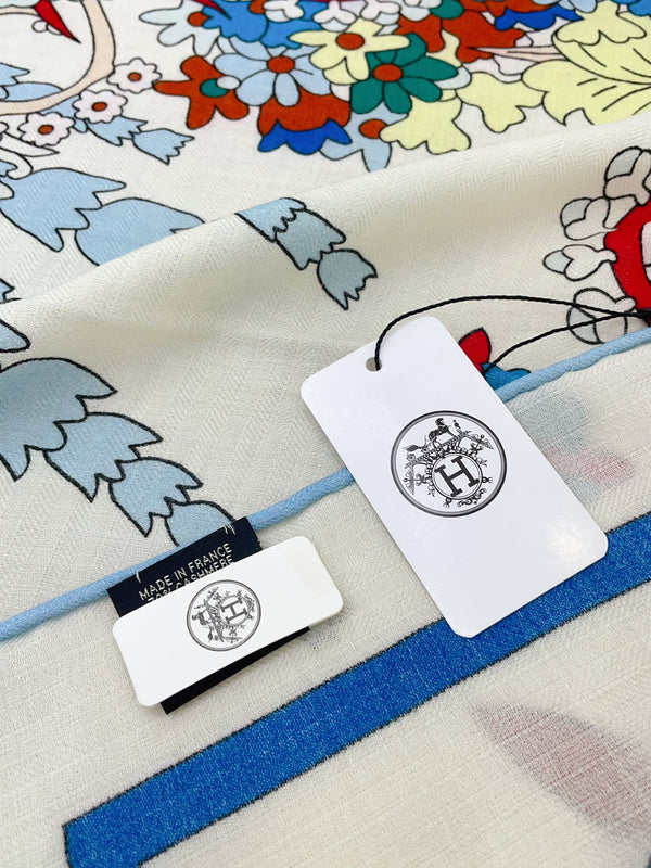 La Danse Du Printemps Scarf 140 In Light Blue Colorful Cashmere And Silk 344364