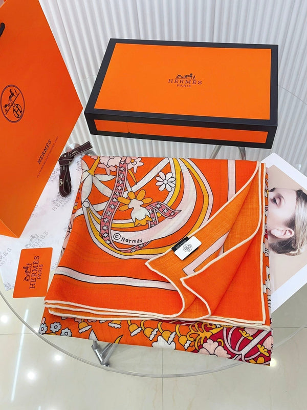La Danse Du Printemps Scarf 140 In Orange Colorful Cashmere And Silk 344365