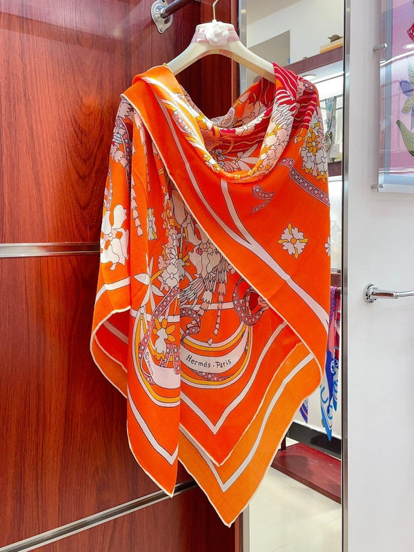 La Danse Du Printemps Scarf 140 In Orange Colorful Cashmere And Silk 344365