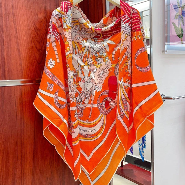 La Danse Du Printemps Scarf 140 In Orange Colorful Cashmere And Silk 344365