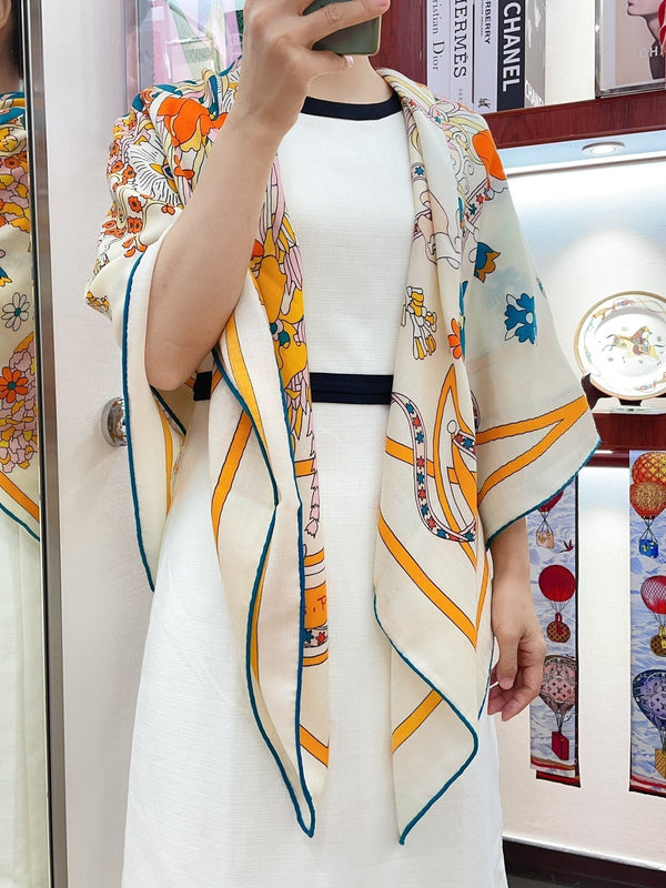 La Danse Du Printemps Scarf 140 In Yellow Colorful Cashmere And Silk 344366